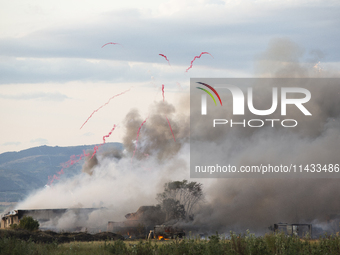 An explosion and fire are occurring in firework warehouses near the village of Elin Pelin Station, 30 kilometers from Sofia, Bulgaria, on Ju...