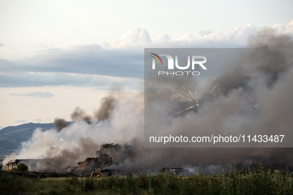 An explosion and fire are occurring in firework warehouses near the village of Elin Pelin Station, 30 kilometers from Sofia, Bulgaria, on Ju...