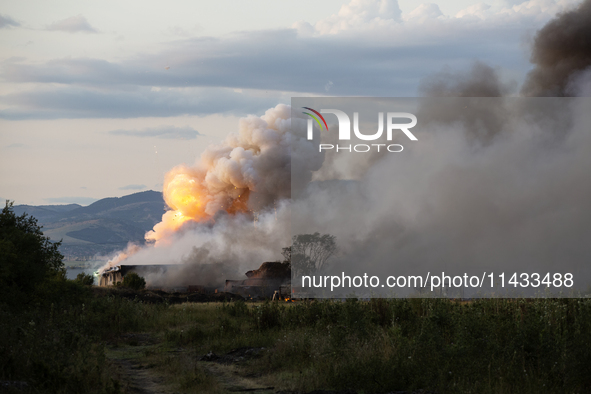 An explosion and fire are occurring in firework warehouses near the village of Elin Pelin Station, 30 kilometers from Sofia, Bulgaria, on Ju...