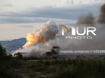 An explosion and fire are occurring in firework warehouses near the village of Elin Pelin Station, 30 kilometers from Sofia, Bulgaria, on Ju...