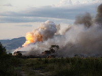 An explosion and fire are occurring in firework warehouses near the village of Elin Pelin Station, 30 kilometers from Sofia, Bulgaria, on Ju...