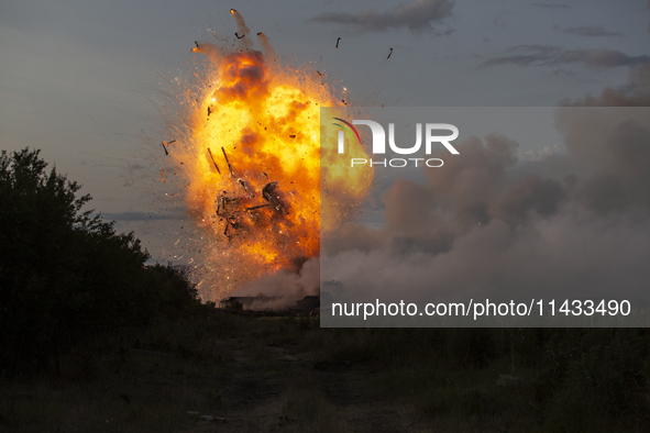 An explosion and fire are occurring in firework warehouses near the village of Elin Pelin Station, 30 kilometers from Sofia, Bulgaria, on Ju...