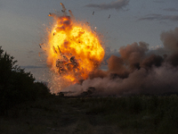 An explosion and fire are occurring in firework warehouses near the village of Elin Pelin Station, 30 kilometers from Sofia, Bulgaria, on Ju...