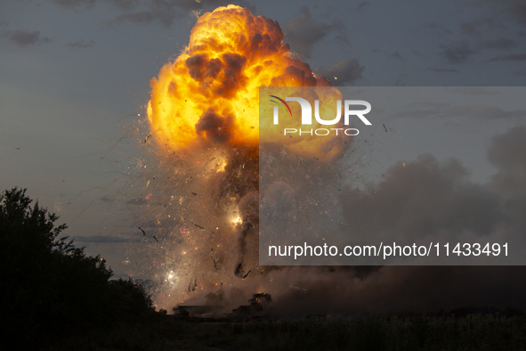 An explosion and fire are occurring in firework warehouses near the village of Elin Pelin Station, 30 kilometers from Sofia, Bulgaria, on Ju...