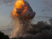 An explosion and fire are occurring in firework warehouses near the village of Elin Pelin Station, 30 kilometers from Sofia, Bulgaria, on Ju...