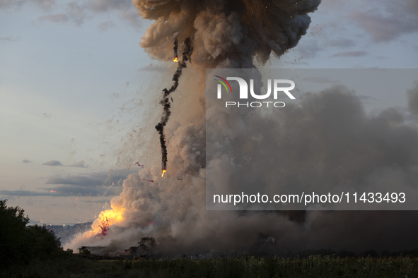 An explosion and fire are occurring in firework warehouses near the village of Elin Pelin Station, 30 kilometers from Sofia, Bulgaria, on Ju...