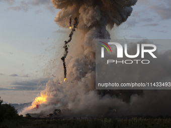 An explosion and fire are occurring in firework warehouses near the village of Elin Pelin Station, 30 kilometers from Sofia, Bulgaria, on Ju...