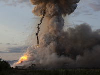 An explosion and fire are occurring in firework warehouses near the village of Elin Pelin Station, 30 kilometers from Sofia, Bulgaria, on Ju...