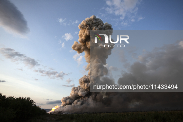 An explosion and fire are occurring in firework warehouses near the village of Elin Pelin Station, 30 kilometers from Sofia, Bulgaria, on Ju...