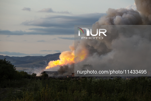 An explosion and fire are occurring in firework warehouses near the village of Elin Pelin Station, 30 kilometers from Sofia, Bulgaria, on Ju...