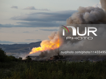 An explosion and fire are occurring in firework warehouses near the village of Elin Pelin Station, 30 kilometers from Sofia, Bulgaria, on Ju...