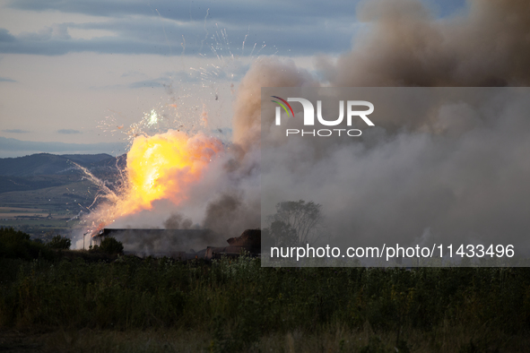 An explosion and fire are occurring in firework warehouses near the village of Elin Pelin Station, 30 kilometers from Sofia, Bulgaria, on Ju...