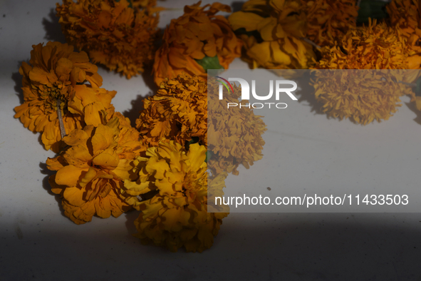 A view of an offering for a pre-Hispanic ceremony to Mother Earth with cempasuchil flowers is being presented during the strategic project f...