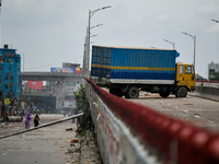 A truck is blocking the road following a clash between anti-quota protesters and the police in Dhaka, Bangladesh, on July 20, 2024. (