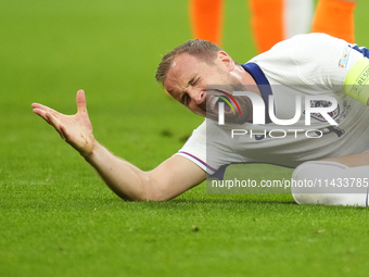 Harry Kane centre-forward of England and Bayern Munich lies injured on the pitch during the UEFA EURO 2024 semi-final match between Netherla...