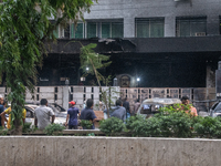 A view of a burnt building is showing after students are setting it on fire amid the ongoing anti-quota protest in Dhaka, Bangladesh, on Jul...