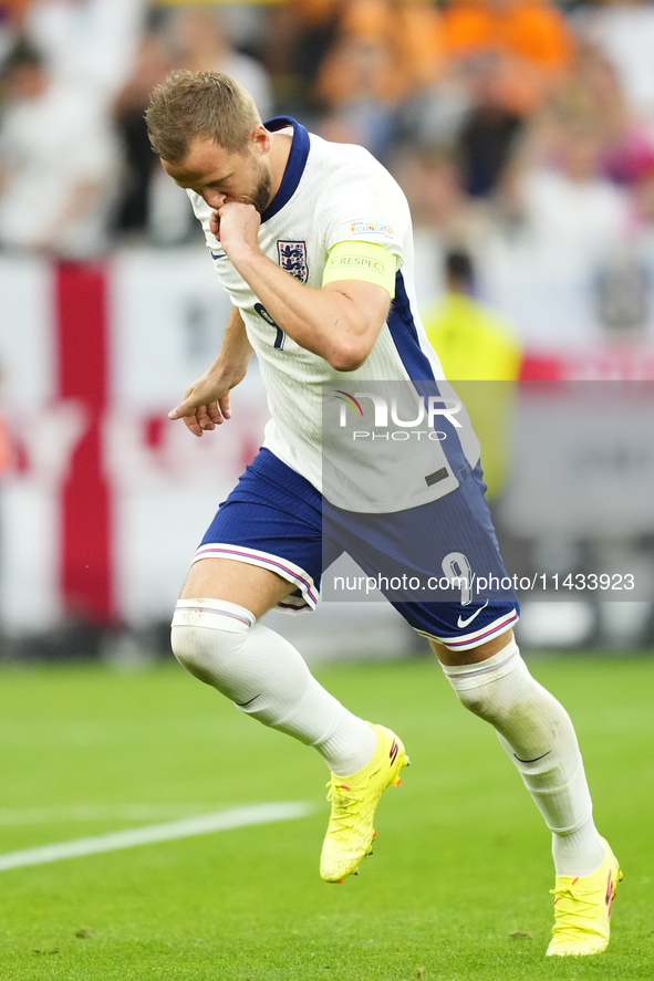 Harry Kane centre-forward of England and Bayern Munich celebrates after scoring his sides first goal during the UEFA EURO 2024 semi-final ma...