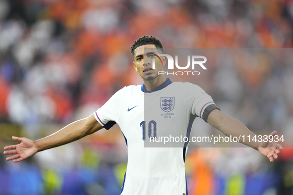 Jude Bellingham attacking midfield of England and Real Madrid during the UEFA EURO 2024 semi-final match between Netherlands and England at...