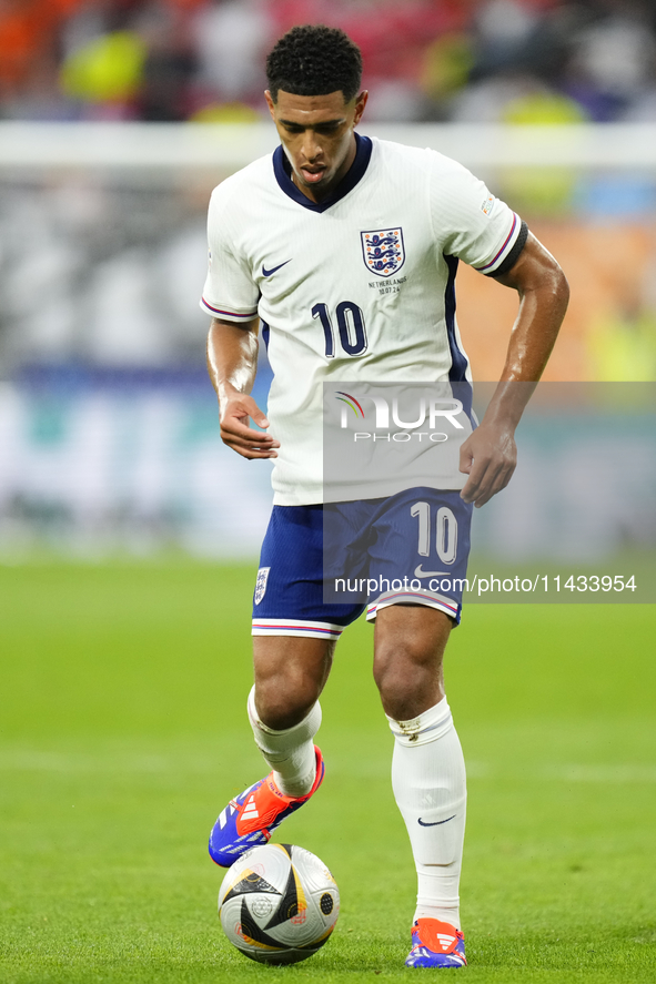 Jude Bellingham attacking midfield of England and Real Madrid during the UEFA EURO 2024 semi-final match between Netherlands and England at...