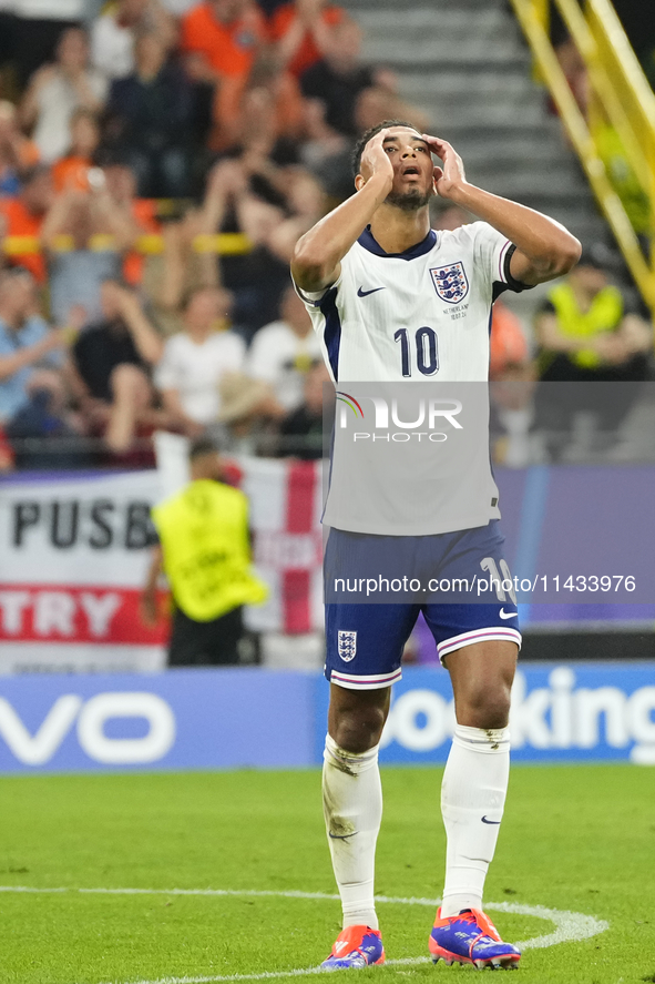 Jude Bellingham attacking midfield of England and Real Madrid during the UEFA EURO 2024 semi-final match between Netherlands and England at...