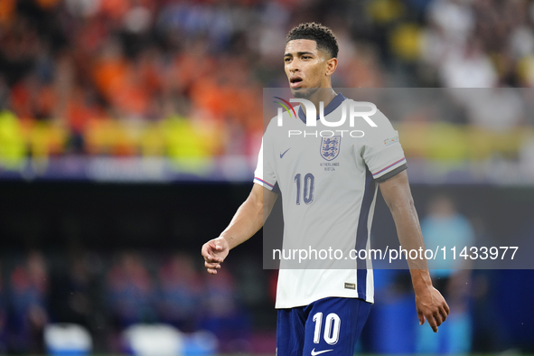 Jude Bellingham attacking midfield of England and Real Madrid during the UEFA EURO 2024 semi-final match between Netherlands and England at...