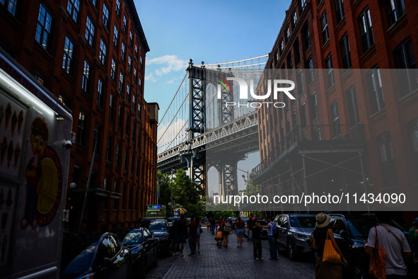  Manhattan Bridge seen from Dumbo area in Brooklyn in New York City, United States of America on July 7th, 2024.  