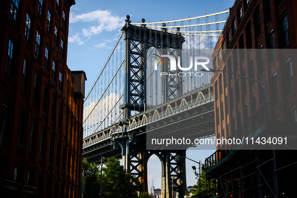  Manhattan Bridge seen from Dumbo area in Brooklyn in New York City, United States of America on July 7th, 2024.  