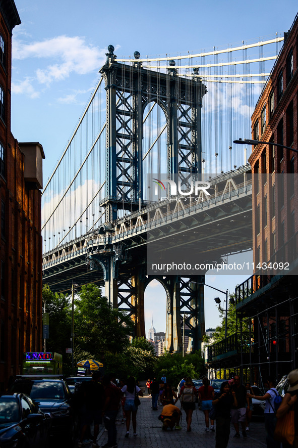  Manhattan Bridge seen from Dumbo area in Brooklyn in New York City, United States of America on July 7th, 2024.  