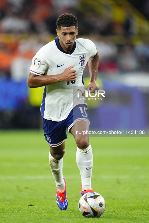 Jude Bellingham attacking midfield of England and Real Madrid during the UEFA EURO 2024 semi-final match between Netherlands and England at...