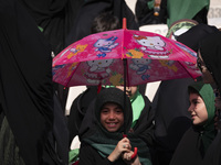 A young veiled Iranian schoolgirl is smiling as she holds a Hello Kitty umbrella while participating in a gathering to support the mandatory...