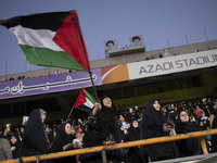 A veiled elderly Iranian woman is waving a Palestinian flag while participating in a family rally to support mandatory hijab, at the Azadi (...