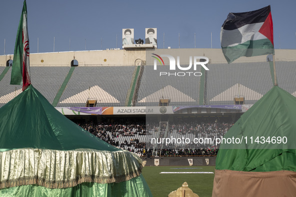 A view of the Azadi (freedom) stadium in western Tehran, Iran, on July 25, 2024, while veiled Iranian women are participating in a family ra...