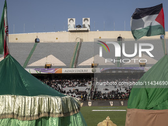 A view of the Azadi (freedom) stadium in western Tehran, Iran, on July 25, 2024, while veiled Iranian women are participating in a family ra...