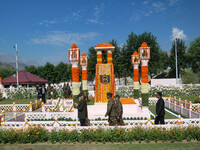 Indian Prime Minister Narendra Modi (C) and senior Army officers are being seen at a war memorial during the ''Vijay Diwas'' or Victory Day...