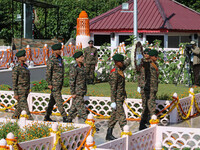 Indian Army Chief Upendra Dwivedi is arriving to pay tribute at a war memorial during the ''Vijay Diwas'' or Victory Day celebration in Dras...