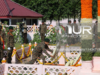 Indian Army Chief Upendra Dwivedi is laying a wreath at a war memorial during the ''Vijay Diwas'' or Victory Day celebration in Drass, about...