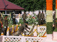 Indian Army Chief Upendra Dwivedi is laying a wreath at a war memorial during the ''Vijay Diwas'' or Victory Day celebration in Drass, about...