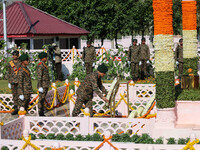 Indian Chief of Defence Staff General Anil Chauhan PVSM is laying a wreath at a war memorial during ''Vijay Diwas'' or Victory Day celebrati...