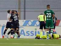 Silva Joao Pedro Ferreira (3rd L, partially hidden) of Vitoria SC is being congratulated by his teammates after scoring the 0-1 goal during...