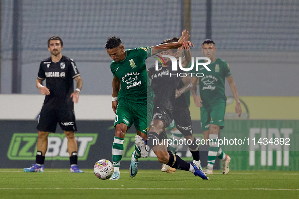 Matias Garcia (front left) of Floriana is being closely challenged by Tomas Handel (front right) of Vitoria SC during the UEFA Europa Confer...