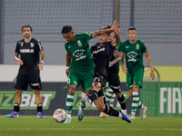 Matias Garcia (front left) of Floriana is being closely challenged by Tomas Handel (front right) of Vitoria SC during the UEFA Europa Confer...