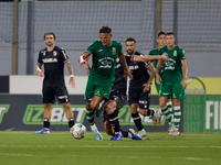 Matias Garcia (front left) of Floriana is being closely challenged by Tomas Handel (front right, partially hidden) of Vitoria SC during the...