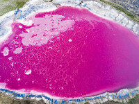 A photo taken on May 1, 2020, is showing the view of Pink Lake deep in Badain Jaran Desert in Inner Mongolia, China. On July 26, 2024, at th...