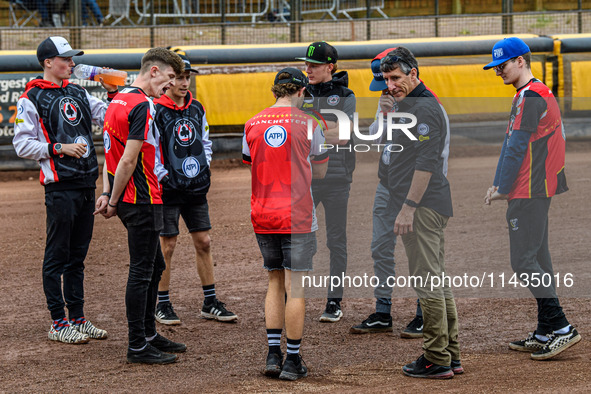 Belle Vue ATPI Aces are doing their pre-meeting track walk during the Rowe Motor Oil Premiership match between Leicester Lions and Belle Vue...