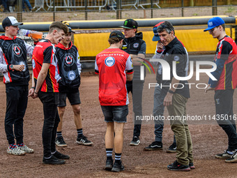 Belle Vue ATPI Aces are doing their pre-meeting track walk during the Rowe Motor Oil Premiership match between Leicester Lions and Belle Vue...