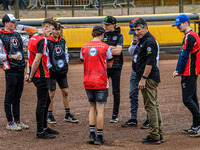 Belle Vue ATPI Aces are doing their pre-meeting track walk during the Rowe Motor Oil Premiership match between Leicester Lions and Belle Vue...