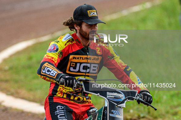 Leicester Lions' Richard Lawson is riding on the parade lap during the Rowe Motor Oil Premiership match between Leicester Lions and Belle Vu...