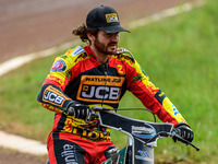 Leicester Lions' Richard Lawson is riding on the parade lap during the Rowe Motor Oil Premiership match between Leicester Lions and Belle Vu...