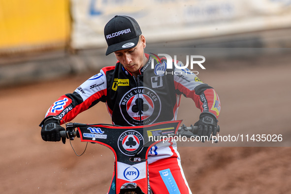 Belle Vue Aces' Ben Cook is riding on the parade lap during the Rowe Motor Oil Premiership match between Leicester Lions and Belle Vue Aces...