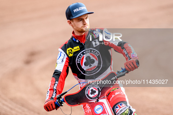 Belle Vue Aces' Brady Kurtz is riding on the parade lap during the Rowe Motor Oil Premiership match between Leicester Lions and Belle Vue Ac...